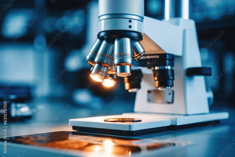 Poster microscope, microscope lens in a science laboratory.