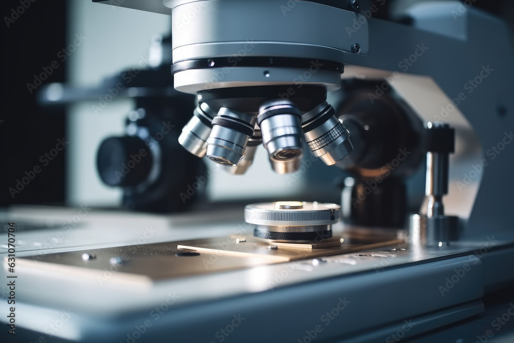 Poster close up of laboratory microscope, research experiments.