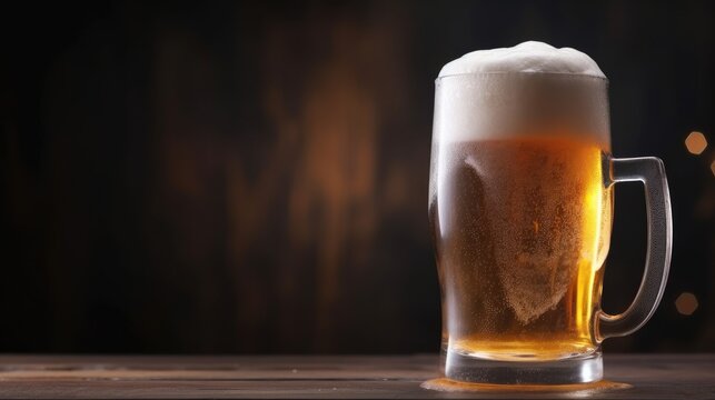 Cold mug with beer with overflowing foam on wooden table.