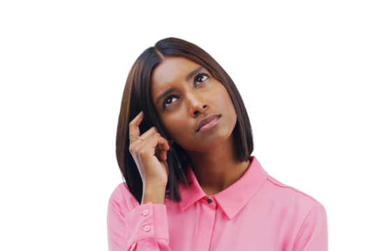 Business woman, confused and thinking, ideas or brainstorming for marketing decision, remember or memory. Designer or african person in doubt or question emoji isolated on transparent, png background
