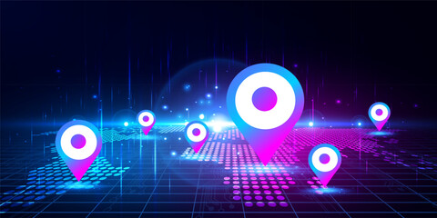 Abstract Map GPS pin navigation, Digital technology cloud futuristic blue pink background, Cyber science tech, Innovation communication future, Ai big data, internet network connection illustration 3d