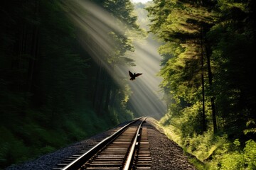 Fototapeta na wymiar Train tracks in the forest at morning.