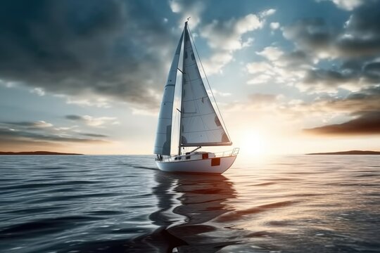 Sailboat sailing in sea under a beautiful sunset.