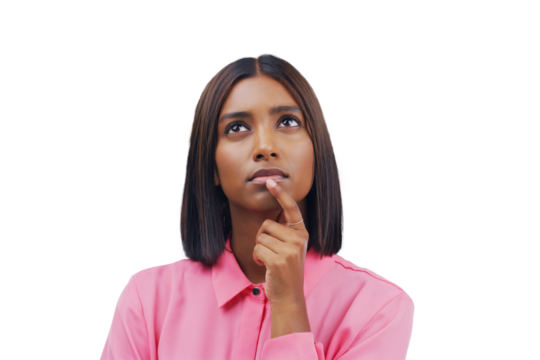 Business woman, vision and thinking, ideas or brainstorming for marketing decision, planning or remember. Designer or african person in doubt or question emoji isolated on transparent, png background