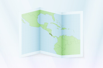 Costa Rica map, folded paper with Costa Rica map.