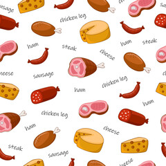 seamless texture with food, meat, cheese, sausages