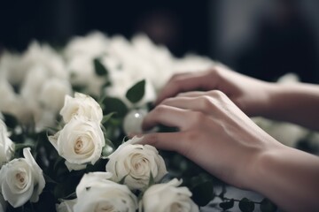 Obraz na płótnie Canvas Woman white roses hands. Generate Ai