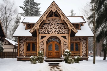 Fototapeta premium Wooden cottage facade. Generate Ai