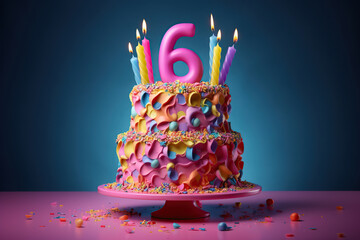Birthday colorful cake on a 6 years decorated with colorful sweets, topper number six on a blue background.