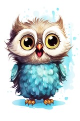 watercolor painted owl, cartoon style, isolated on white , AI Generated