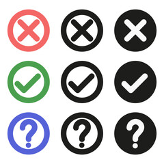 A set of flat checks and crosses and a question mark in a circle. Vector graphics.