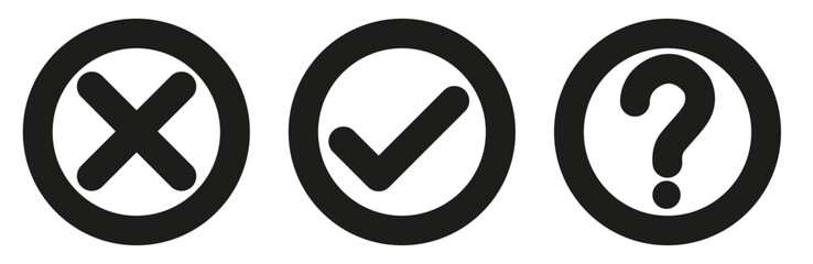 A set of dark flat checks and crosses and a question mark in a circle. Vector graphics.