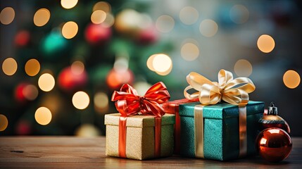 christmas decorations green tree ribbon colorful balls gift boxes bokeh background