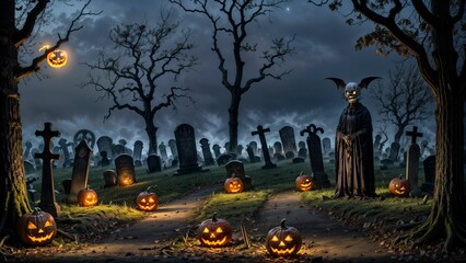 A Spooky Graveyard Halloween Scene ai generated 
