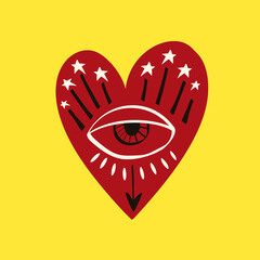 Freaky Magical red heart with an all-seeing eye. Valentine's Day Card in modern doodle style.