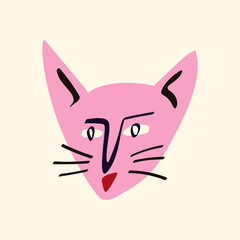 Funky cat with a lovely face. Freaky comic cat face. Bizarre Valentine's Day Card in modern doodle style. Vector illustration