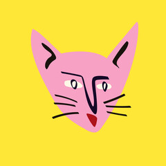 Funky cat with a lovely face. Freaky comic cat face. Bizarre Valentine's Day Card in modern doodle style. Vector illustration