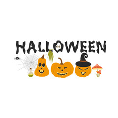 Halloween inscription with pumpkins and other holiday attributes and cannabis leaf. Vector