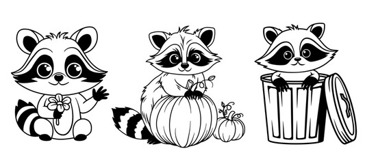 Set of three hand drawn cartoon raccoons. Outline SVG vector designs. Raccoon with flower, pumpkin and in trash can. © TanForest