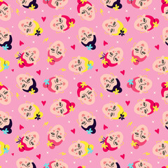Pink vibrant pattern with comical funny girly faces,