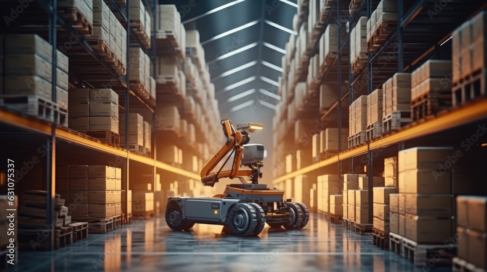 Leinwandbilder automation manufacturing robot at modern warehouse using iot software connected to internet network.