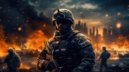 Naklejka premium Military soldier, Soldier in the middle of a war in destroyed city.