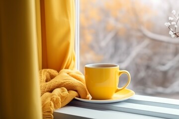 Yellow cup scarf window. Generate Ai
