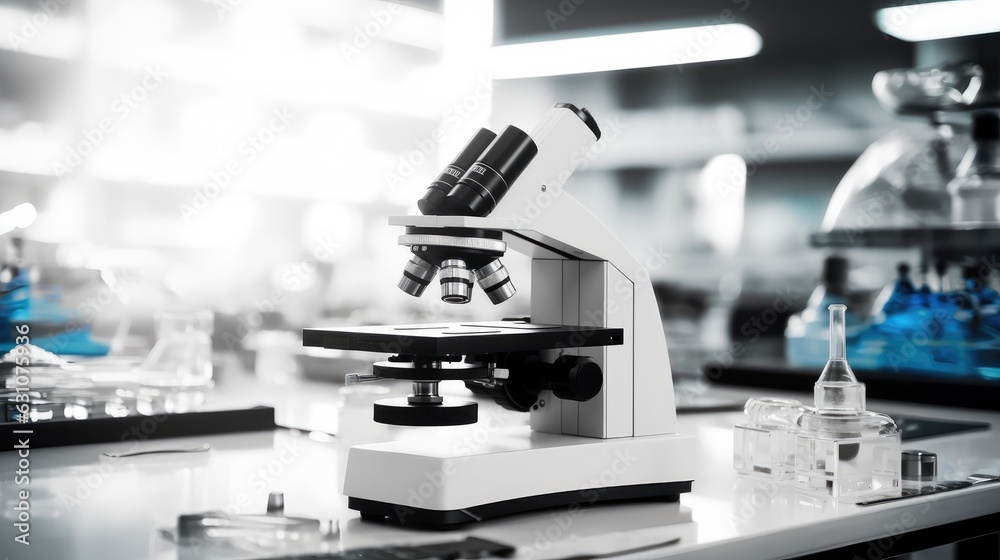 Poster Microscope in lab, Light microscope objective lenses.