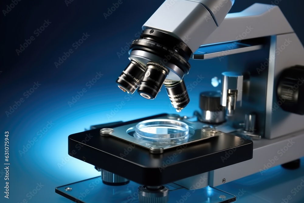 Poster microscope in lab, light microscope objective lenses.