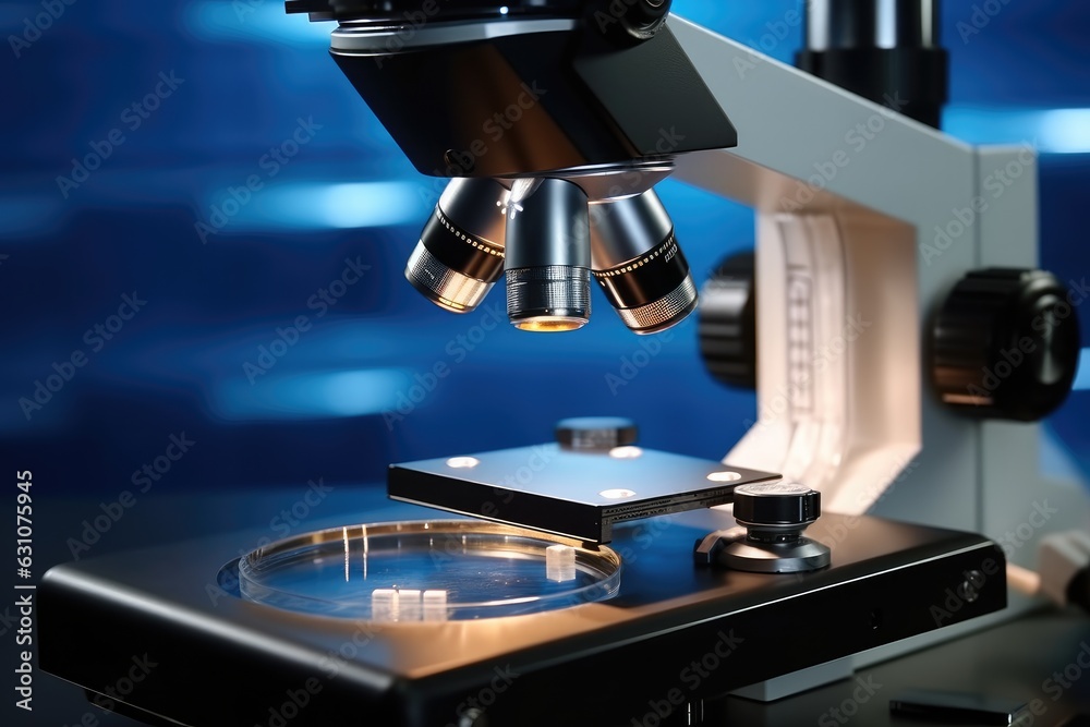 Poster microscope with metal lens at laboratory, professional tools for viewing samples.