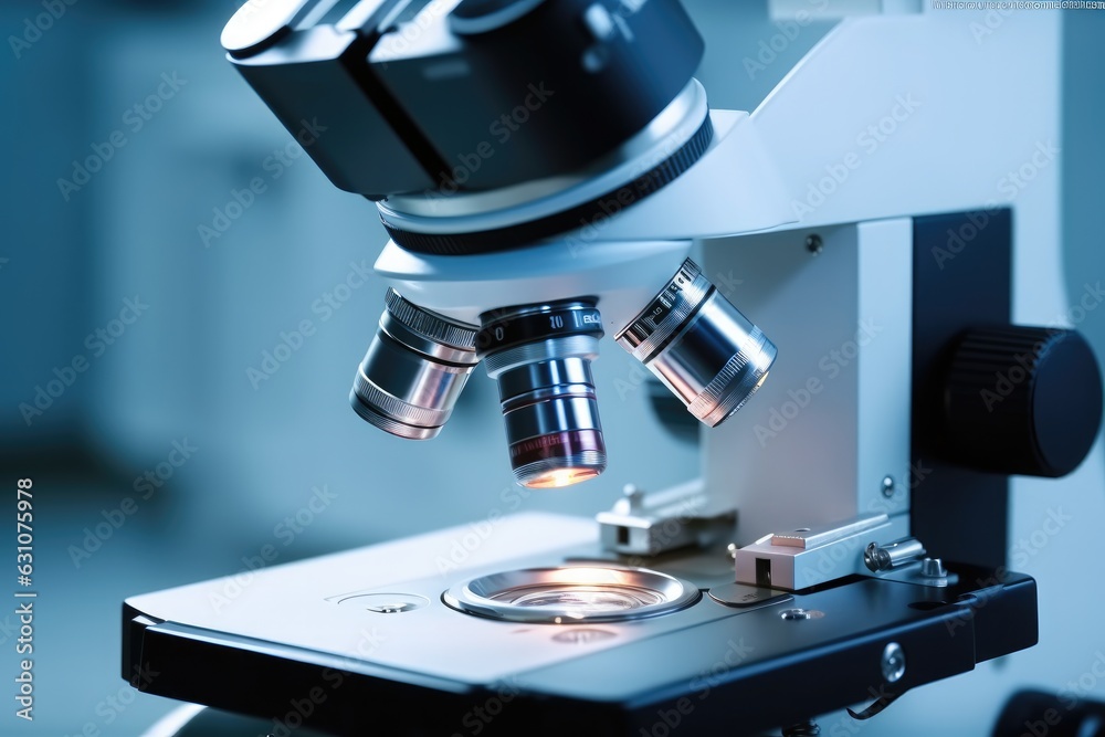 Poster microscope in lab, light microscope objective lenses.