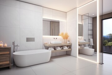 Fototapeta na wymiar Minimalist, Modern bathroom interior, Interior design of a modern bathroom with a large mirror.