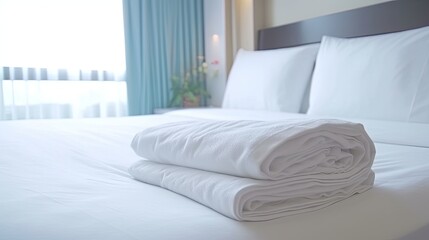 Fototapeta na wymiar white towel in the hotel bedroom 