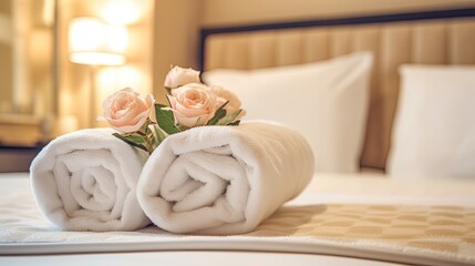 Fototapeta na wymiar roses on white towel in the hotel bedroom 