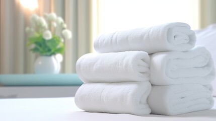 Fototapeta na wymiar White towel on the hotel bedroom 