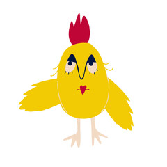 Awesome funny chicken with a charming smiling face. Hand-drawn illustration