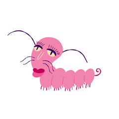 funny pink snail character with a smiling face with legs. Hand-drawn illustration in retro style