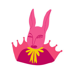 Bizarre funky queen bunny with a sarcastic face, Easter Character . Illustration in a modern childish hand-drawn style