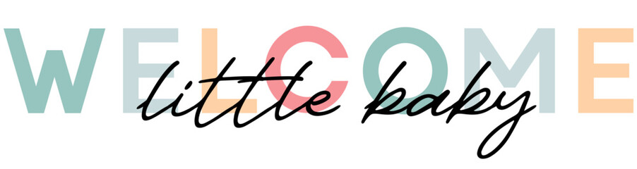 Welcome little baby - card template with a multi-colored inscription. Vector illustration for gender reveal party