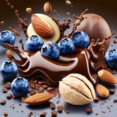 splash of chocolate with almonds, hazelnuts, and blueberry