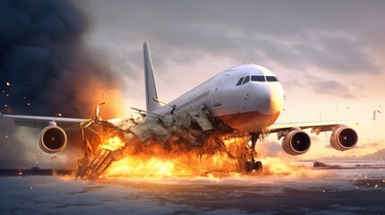 Fototapeta na wymiar Airplane crash and burn with fire and smoke in the airport 
