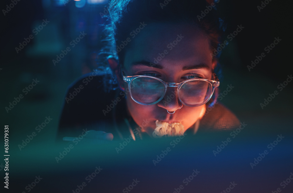 Aufkleber Computer, cyber security woman and eating food, noodles and coding software, online database or cloud computing service. Hungry programmer, night meal and face of female developer programming system