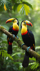 Toucan sitting on the branch in the forest, green vegetation, Costa Rica. Nature travel in central America. Two Keel-billed Toucan, Ramphastos sulfuratus, pair of bird with big bill. Wildlife.
 - obrazy, fototapety, plakaty