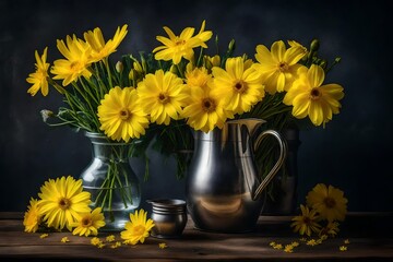 the view of   jug of yellow flowers on the table and yellow background ai generated 