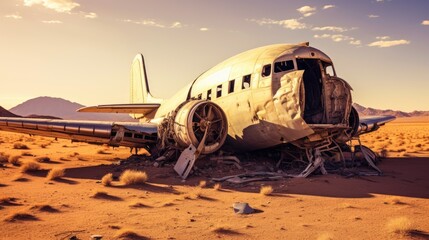 A broken airplane in the desert