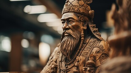 Fototapeta na wymiar Close Up carved Wooden Statue 