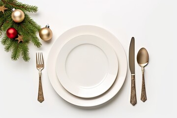 Christmas table setting with white and golden decoration on white background. Minimalism style. Copy space. Xmas dinner. Generative AI.