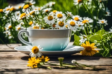 the view flowers in the cup of tea on table ai generated