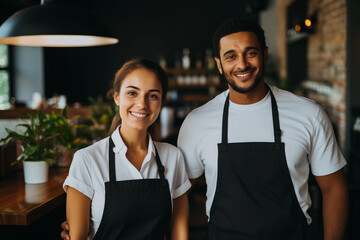 Photo of Mixed race waiter and waitress holding a serving tray - Powered by Adobe