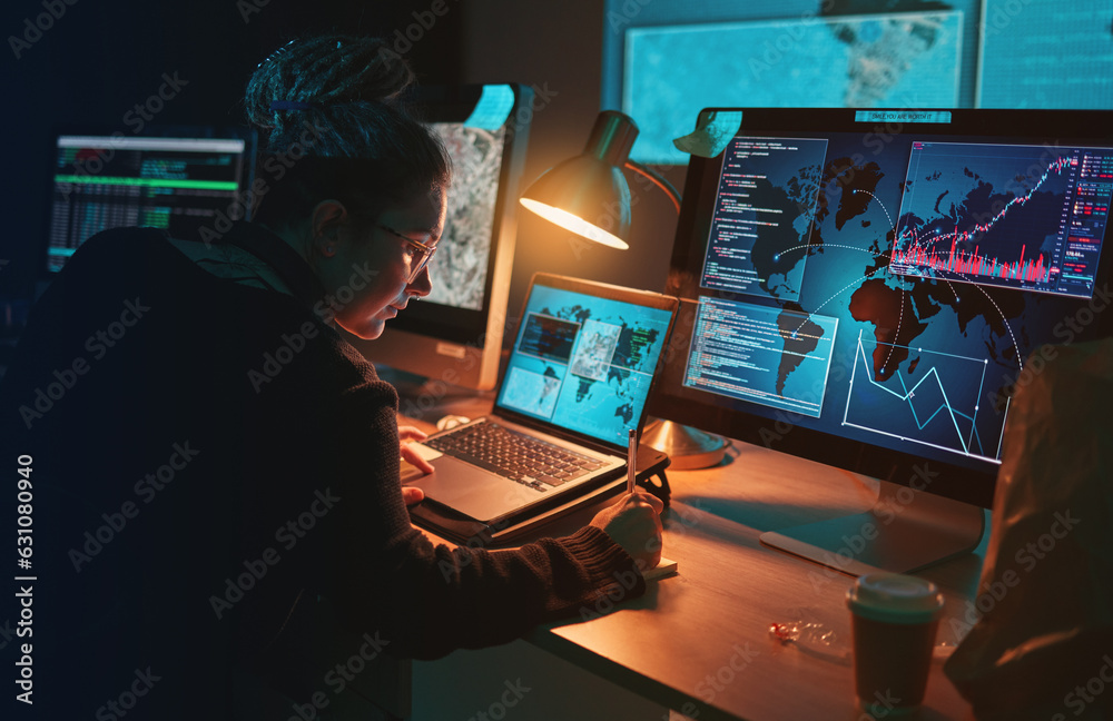 Leinwandbilder Cybersecurity, woman and writing global location info with map graphic for phishing and hacker data. Cyber crime, employee and technology for firewall hacking and ransomware coding for software